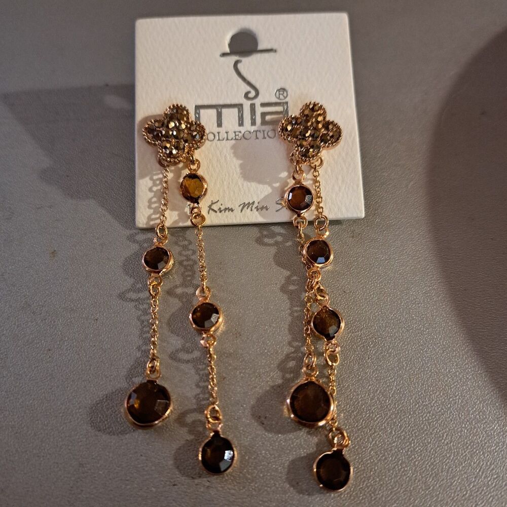 MIA Collection Clover Drop Dangle Earrings Gold Tone Smoky Brown NWT
